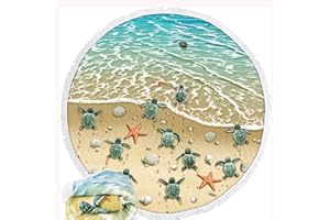 Queenshin Couverture de Serviette de Plage en Microfibre à Séchage Rapide sans Sable, Grande Nappe Ronde Tapis Yoga Pique-Nique 150 cm avec Franges, Tortues sur La Plage