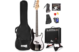 MAX GigKit Bassgitarre Set, E Bass Gitarre, Bass Guitar mit Gitarrenverstärker, Tasche, Stimmgerät, Plektren, Ständer, Gurt, Kabel und Ersatzsaiten - 21 Bünde - schwarz