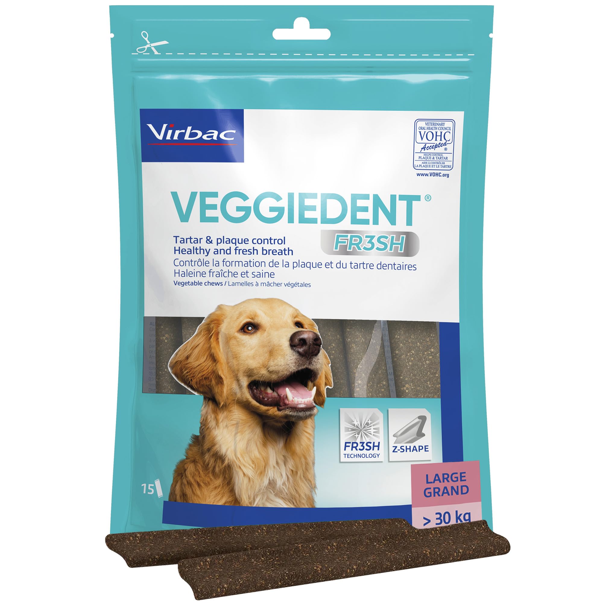 VEGGIEDENT® FR3SH™ Snack Dental para Perros Grandes >30kg | Control de la Placa y Sarro | Aliento Fresco y Saludable con Tecnología FR3SH™ | Cuidado Dental Diario | 15 Unidades