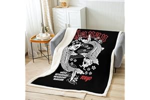Homewish Japanischer Stil Fleece Decke Koi Fisch Decke Werfen Japan Ukiyo-E Sherpa Decke Für Kinder Jungen Mädchen Cartoon Karpfen Skizze Tokyo Fuzzy Decke Sofa Dekor 150X200 Rot Schwarz Weiß
