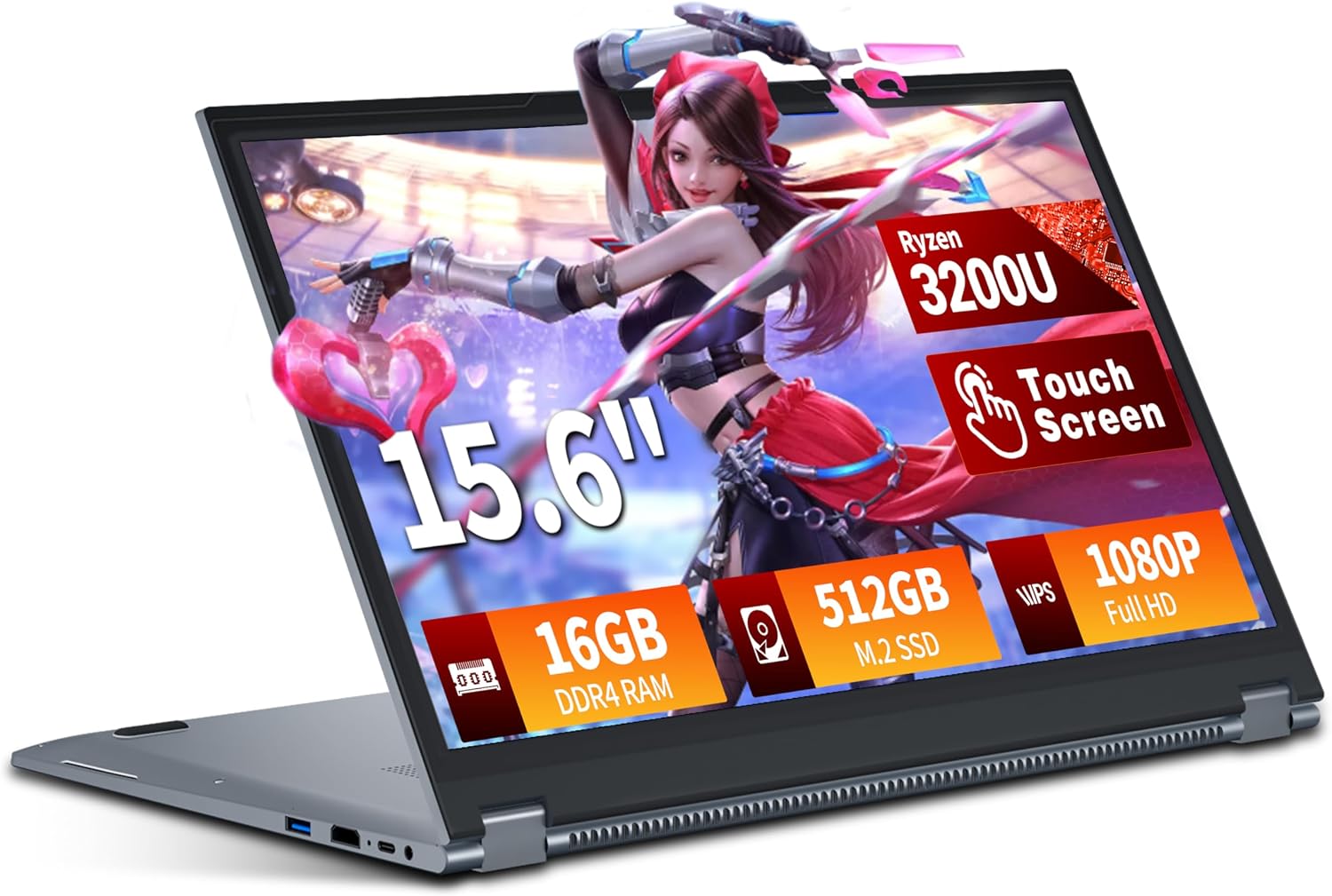 2 en 1 Ordenador Portátil 15,6 Pulgadas con Pantalla Táctil Procesador, Ryzen R3-3200U PC Portátil 16GB RAM 512GB SSD 360° Pantalla Táctil WIN 11 Laptop FHD IPS RJ45 Teclado Retroiluminado HDMI