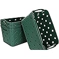 ASelected 4 Pack Plastic Woven Storage Basket With Handles, Middle 27.5x18.5x17.5cm, Beautiful Fashionable, Skin Pattern Cross Woven, For Kitchen, Living Room, Office, Bathroom, Bedroom, (Green)