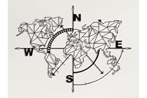 DEKADRON Cartolina del mondo in metallo, bussola, decorazione da parete in metallo, segno metallico, arte di carta del mondo, decorazione da parete (nero, 140 x 104 cm)