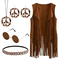 Chaleco Hippie Con Flecos Para Mujer – Disfraz Años 70, Fiesta De Halloween Y Carnaval, Incluye 3 Accesorios