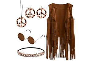 Vesaneae Hippie Kleidung Damen, Hippie Kostüm Damen Set, Damen Disco Outfit, Braun Fransenweste Damen, Damen 70er Hippie Accessoires, Hippy Damen Party Outfi, Hippie Bolero Karneval Faschingskostüme