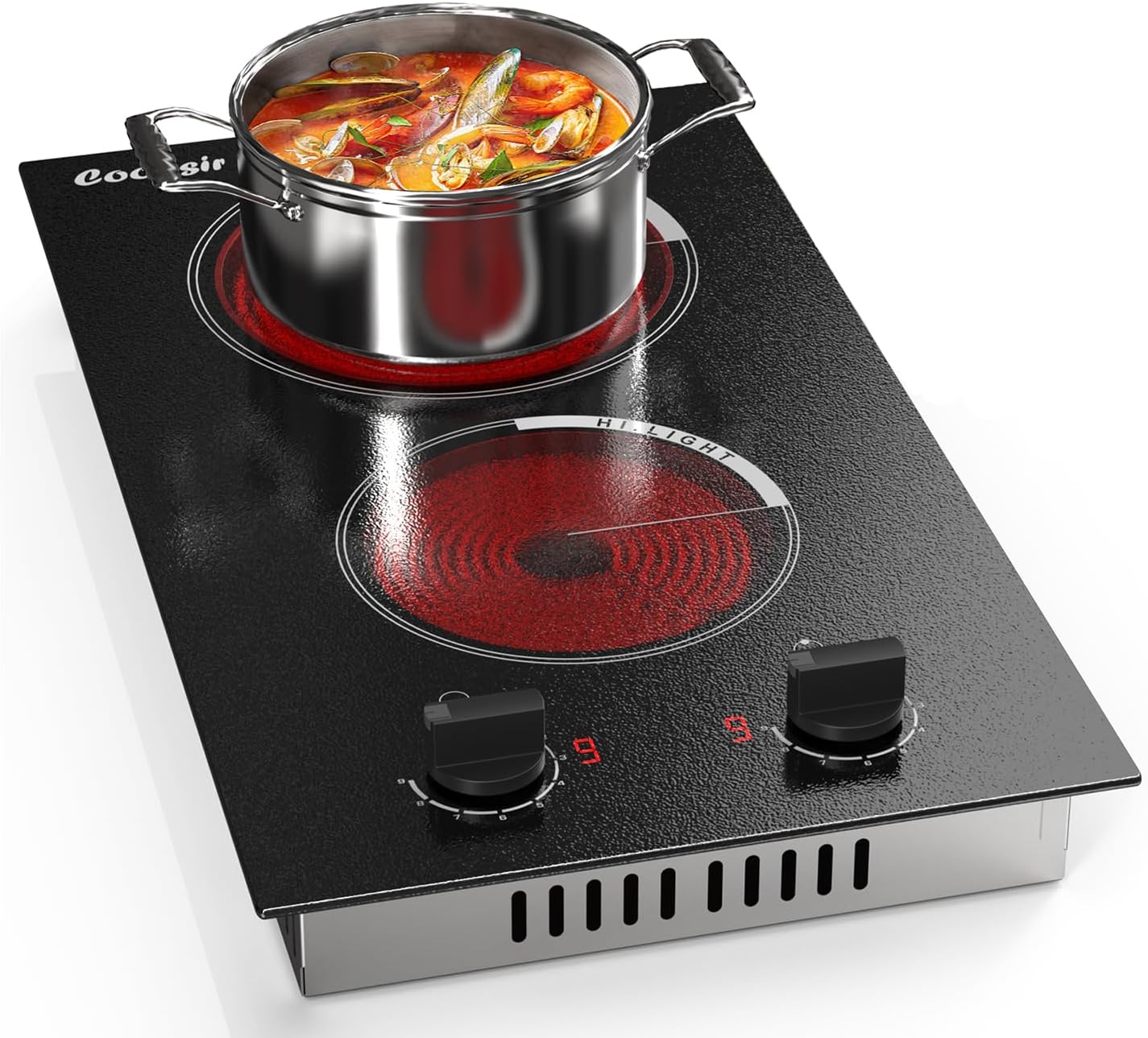 Cooksir Ceramic Hob with Plug, Electric Ceramic Hob 2 Zone with Knob, Ceramic Cooktop, 29CM, 2800W, 9 Power Levels, Black Glass