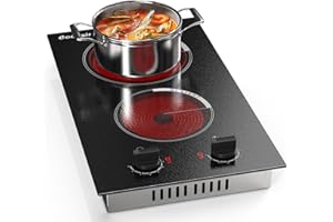 Cooksir Ceramic Hob with Plug, Electric Ceramic Hob 2 Zone with Knob, Ceramic Cooktop, 29CM, 2800W, 9 Power Levels, Black Glass