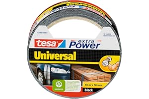 tesa Cinta Adhesiva Universal Extra Power - Celo Adhesivo con Fijación Extra Fuerte - Cinta Multiusos Versátil para Reparaciones, Fijación, Sellado y Más - Negro - 1 Rollo - 10 m x 50 mm