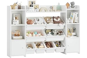 FOREHILL Scaffale per Giocattoli con 8 Contenitori Rimovibili in Plastica,Organizzatore Libreria per Bambini con Mensola Aperti, per Camera dei Giochi, 138.8 x94.3x29.6cm (Bianco)
