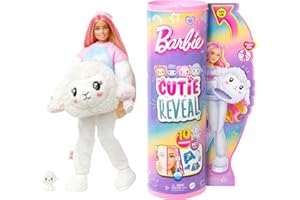 Barbie Cutie Reveal Owieczka Lalka Seria Słodkie stylizacje Lalka w kostiumie owieczki z 10 niespodziankami, w tym zmianą koloru, HKR03