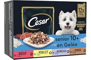 CESAR Repas pour Chien Senior - 48 Sachets Fraîcheur (Lot de 4 Packs 12x100g) - Pâtée pour Chien en Gelée - Boeuf / Poulet / Agneau / Dinde - Nourriture Complète & Equilibrée avec Ingrédients Naturels