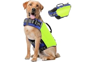 Pawaboo Dog Life Jacket, Reflective Dog Safety Vest Adjustable Pet Life Preserver with Strong Buoyancy & Sturdy Rescue Handle, Ripstop Dog Lifesaver Vests for Swimming, Boating - Bright Yellow, XL