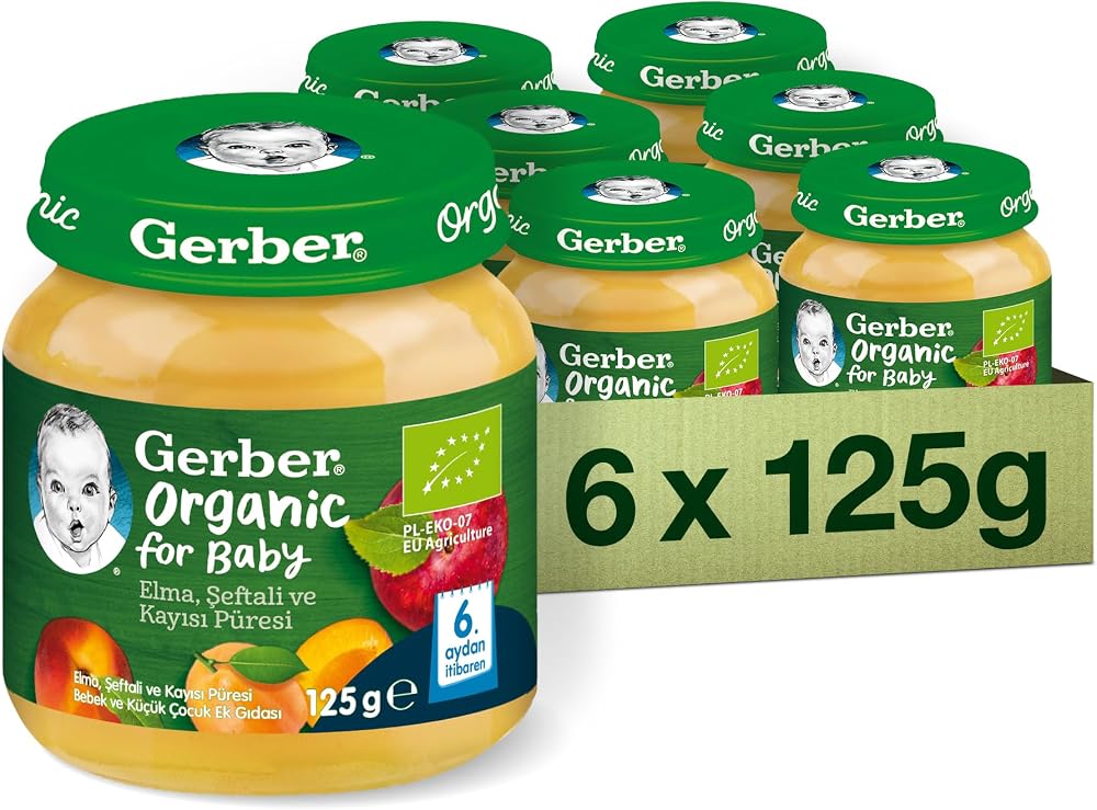 Gerber Organik Elma, Şeftali ve Kayısı Püresi 6 x 125 gram x 6