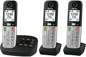Panasonic KX-TGU433EB Digital Cordless Landline Phone with Answering Machine, Base Unit & 3 Handsets, 2.1” (5.3 cm) LCD Display, Fav Call, Torchlight, Hearing Aid Compatible, Black & Silver