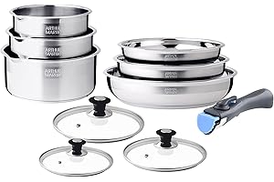 ARTHUR MARTIN - Batterie de Cuisine 10 Pièces en Inox, Casseroles Et Poêles Antiadhérentes, Couvercles, Ustensiles Inclus, Compatible Tous Feux, Poignée Amovible, Finition Satinée