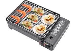 FLIUYR Tragbarer Gasgrill Camping Grill Set - Tragbare Grills mit Koffer - Butan Grillkocher mit Grillnetz & Backblech & Pinsel & Lebensmittelklammer & Rahmen & Ölwanne & 6 x Bratnadeln
