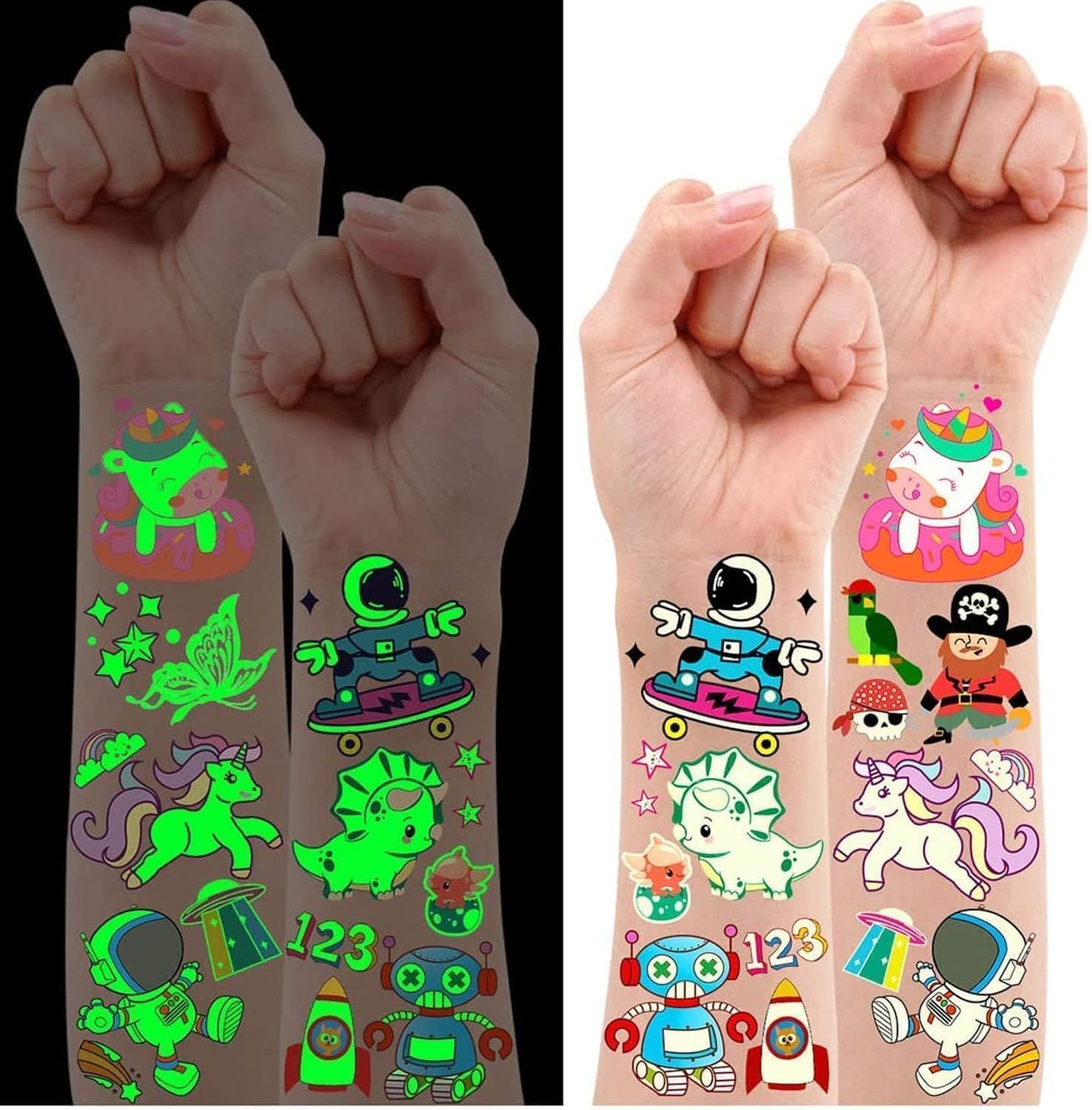 Leesgel 30 Hojas Tatuajes Temporales Niños, Luminoso Tatuajes Temporales Unicornio/Dinosaurio/Sirena, Detalles Regalos Cumpleaños Niños Colegio Relleno Fiesta Juguetes Regalo Niña Niño