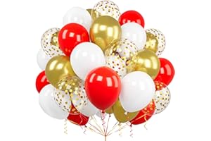 Ousuga Palloncini Rossi e Oro, 60 Pezzi 12 Pollici Palloncini Rosso Opaco Bianco Metallizzato Oro Coriandoli Palloncini per Compleanno Matrimonio Anniversario Baby Shower Natale Feste Decorazioni