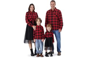 PATPAT Tenue de famille assortie, robes pour maman et moi, ensemble assorti, robe en tulle à manches longues, chemise boutonnée à carreaux de buffle