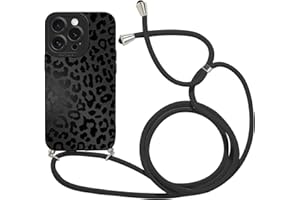 Coalbooliy Handyband für iPhone 16 Pro Hülle mit Band, Aesthetic Schwarzer Leopard Muster Verstellbarer Halskette Handyhülle Kordel umhängen Silikon Case Stoßfest Schutzhülle mit Kette, 03