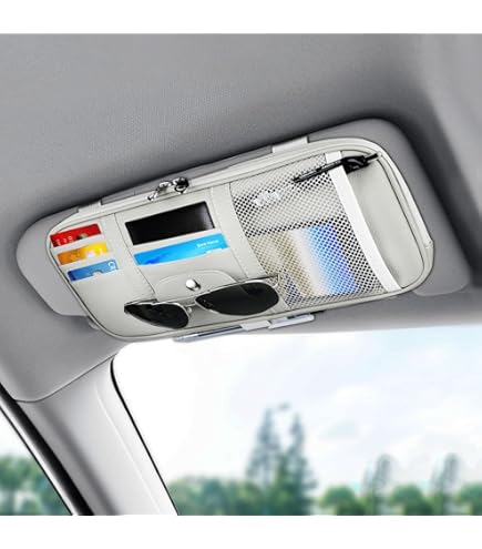 Organizer Parasole Auto - Porta Documenti, Occhiali E Carte, In Pelle Di Pecora (Nero) - Foto 3