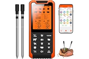 FILEEYN Termometro Carne, Termometro Cucina Senza Fili Con Doppie Sonde, Termometro BBQ con Funzione Timer e Sveglia, Termometro per Barbecue Bluetooth con Portata di 500FT, Per Barbecue, Forno, Grigli