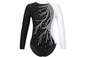 Oyolan Mädchen Langarm Gymnastikanzug Kinder Turnanzug mit Rundhals Pailletten Turnbody Gymnastiktrikot Turntrikot Gr.116-176