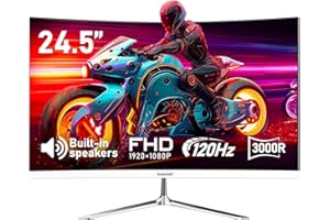 ‎GAWFOLK Gawfolk Curved Monitor 24,5 Zoll 120Hz mit Lautsprecher, 3000R Gebogen PC Bildschirm FHD 1080P, Weiß Computerbildschirm mit Eye Care Technologie HDMI VGA, unterstützt VESA