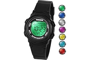 SOCICO Montre numérique pour Enfants, résistante à l'eau 5ATM, 7 Couleurs Lumineuses avec Alarme et chronomètre pour Filles et garçons âgés de 5 à 12 Ans.