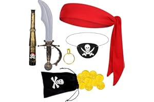 Spinosaurus 7 Stück Piraten Zubehör Sätze for Erwachsene Kinder,Piraten Fernrohr Kinder Augenklappe Pirate Kopftuch Captain Accessories Bandana Verkleidung kostüm