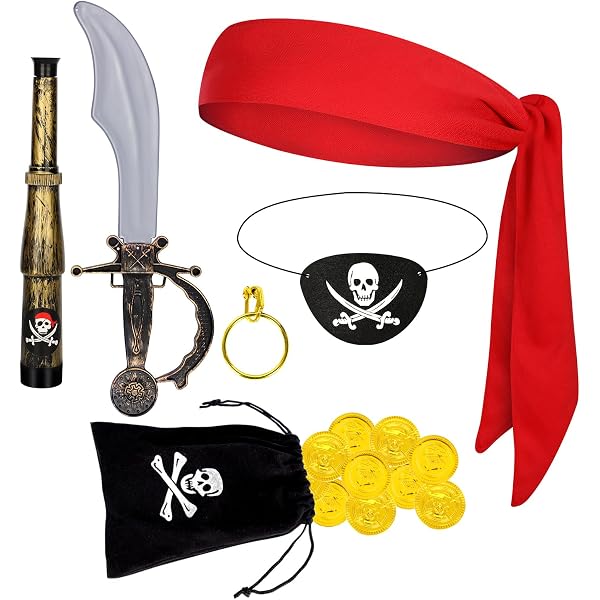 VIKSAUN Piraten Accessoire Set – 8 Stuks – Hoofdband, Ooglap, Oorbel En Ketting – Voor Halloween, Carnaval En Rollenspellen Voor Kinderen