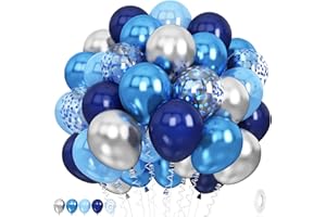 JOBKOO 60Pcs Blue and Silver Balloons, 12 Inch Navy Pearl Blue Silver Party Balloons Metallic Silver Blue Confetti Helium Balloon for Graduation Birthday Baby Showers Christening Decorations