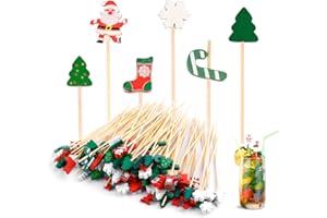 HOPTON 100 Stück Weihnachten Cocktailspieße,Weihnachten Holzspieße,Spieße Fingerfood,Cocktail Deko,13cm Weihnachten Zahnstocher Holz,Obstspieße,Cocktail Sticks für Grillgut,Desserts,Obst und Cocktails,Party