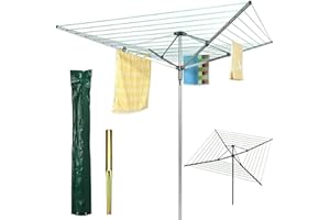 ELEX Heavy Duty 4 Arm 50 Metres Rotary Clothes Airer/Dryer Washing Line with Metal Ground Spike or socket and Waterproof Protective Cover Included Outdoor Laundry Washing Line Whirlygig (50m)
