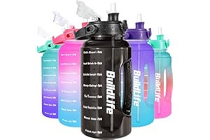 BuildLife 2.2 Litre Water Bottle - Removable Straw & Motivational Time Markings BPA Free Leakproof Resuable Large Sports Drinks Half Gallon Water Jug for Gym Training Travel School (2.2 Litre, Black)