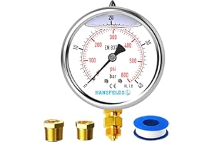 Hansfelds Manomètre 0–40 bar/psi, cadran 63 mm, laiton G1/4" BSP raccord inférieur, rempli de liquide (glycérine), classe de précision 1.6, inclus 2 réducteurs 3/8" et 1/2".