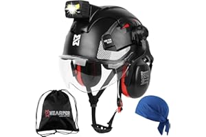 HEARMOR VOLTEK Casque de protection industriel certifié CE EN397 avec lampe frontale LED + visière et protection auditive | Pour travaux forestiers, travaux de construction et escalade | Casque de