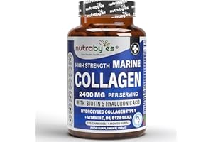 NUTRABYTES High Strength Marine Collagen 2400mg with Hyaluronic Acid 100mg, Biotin, Vitamin C, D3, B12 and Silica - 120 Capsules - High Strength Hydrolysed Marine Collagen for Men and Women, Made in UK