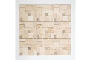 CONWIRE Mosaik Fliese selbstklebend Travertin Naturstein beige Kombination Travertin beige für WAND DUSCHE KÜCHE FLIESENSPIEGEL THEKENVERKLEIDUNG Mosaikmatte Mosaikplatte
