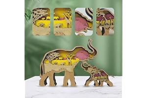 ‎DRAWELRY Drawelry 3D Holz Tiere Schnitzerei Skulpturen Ornament, Mehrschichtig Holz Synthese Wald Tier Gravur Regal Statuen Handwerk für Home Büro Desktop Weihnachten Neujahr Festival Dekor (Elefant)