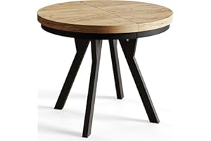 AlpiMeble Runder Esszimmertisch EVO, ausziehbarer Tisch Durchmesser:100 cm bis 200 cm, Wohnzimmertisch Farbe: Craft, mit Holzbeinen in Farbe Schwarz