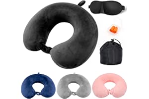Jmbabe Travel Pillow - Memory Foam Neck Pillow Support Pillow,Luxury Compact & Lightweight Quick Pack for Camping,Washable Neck Support Pillow, Ear Plugs, Eye Mask & Carry Bag