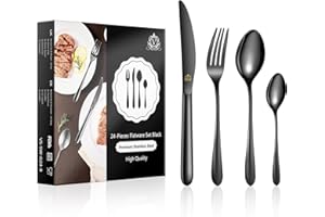 vancasso 24 Couverts de Table pour 6 Personnes, Ménagère Noir Acier Inoxydable 18/10, Service de Couverts Design Moderne, Comprenant un Couteau, une Fourchette, 2 Cuillères, Poli Miroir