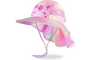 MHJY Sombrero de Sol para Niñas Protección UV Verano Ajustable Gorro de Playa Sombrero Unicornio con ala Ancha y Solapa para el Cuello para Niños de 2 a 9 Años