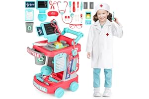 deAO Maletín Médico Juguete para Niños, Kit Doctora con Carrito, Bata, Estetoscopio Realista y Accesorios, Juego de rol Maletín Doctora, Centro Medico Juguete 3 4 5 6 Años(Rojo)