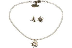 Alpenflüstern Trachtenschmuck-Set Filigran Perlen-Trachtenkette und Trachten-Ohrstecker Strass-Edelweiß - Damen-Trachten-Schmuck antik-Gold-Farben, Trachtenset in schwarz und Creme-weiß SET014