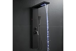 ROVOGO Panneau de Douche Entièrement Noir LED, 5 Modes avec Mitigeur - Cascade/Pluie/Jets de Massage/Douchette à Main/Bec de Baignoire, Colonne de Douche Hydromassante Acier Inoxydable, Montage Mural