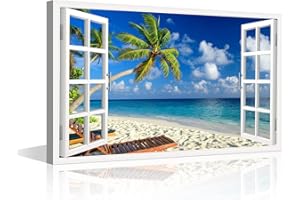 TISHIRON Canvas Wall Art 3D Window View Summertime Art Beach Seaside Coconut Tree Picture for Home Office Bathroom Bedroom Stretched Giclee Framed Print Ready to Hang 16x24inch