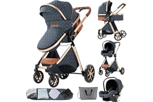 Magic ZC 3 in 1 Pushchair Pram Travel System, Baby Stroller 3 in 1 with Reversible Two Pushing Modes, Newborn Infant Buggy Aluminum Frame, Toddler Carriage One-Click Folding (V9 Blue)