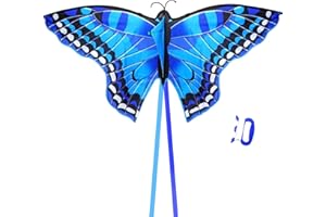PWSAP Cometa de Mariposa, 140×70cm Cometa de una sola línea con hilo de cometa y cola de 400cm de largo para Niños y Adultos Principiantes, Juegos al Aire Libre, Viaje a La Playa, Regalo de Cometas, Azul